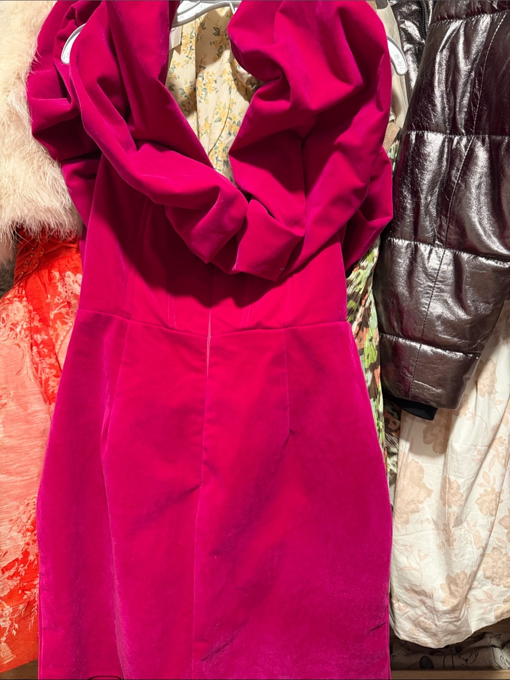 Line & Dot Strapless Velvet Dress in Fuchsia Pink
